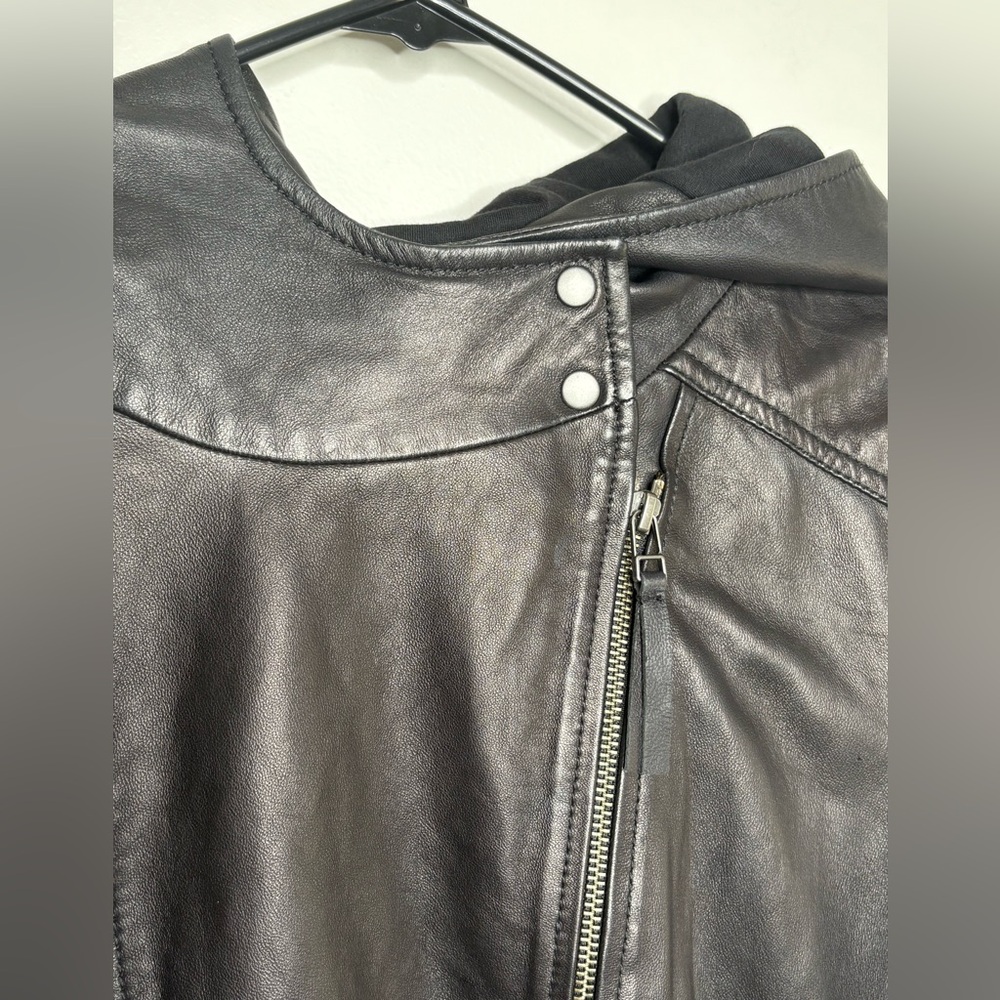 Hinge Black Leather Hooded Moto Jacket Asymmetrical Zip - Picture 5 of 9